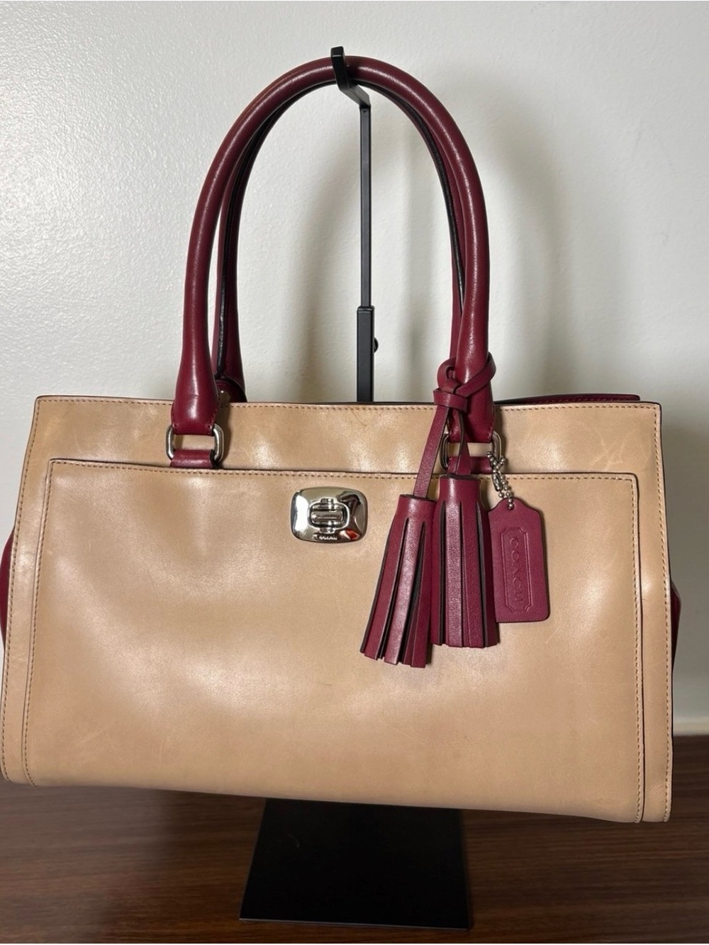 Coach 25805 Chelsea Satchel - Wine & Khaki with Silver hardware tassel & hangtag